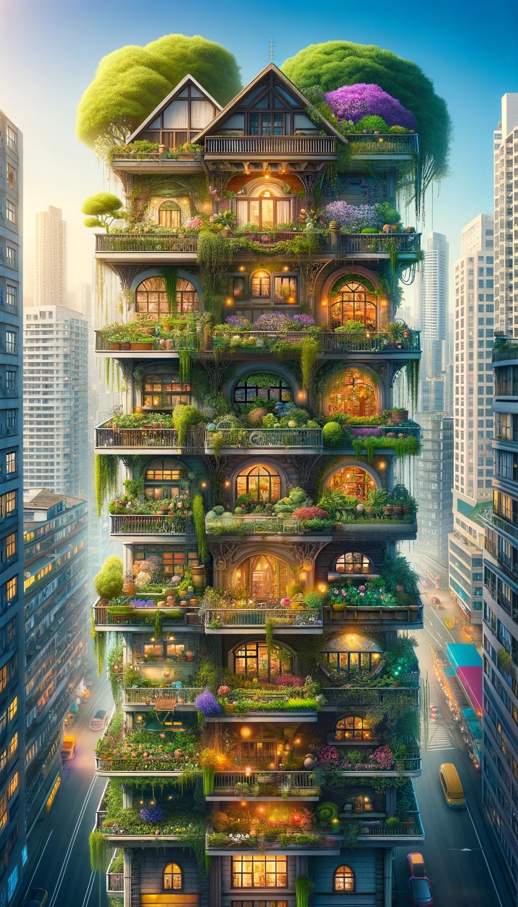 Dall&Middot;E 2024 03 01 18.24.50 A Whimsical And Detailed Depiction Of An Apartment Building With Enchanting Balcony Gardens On Each Floor Set Against The Backdrop Of A Busy City. Th -