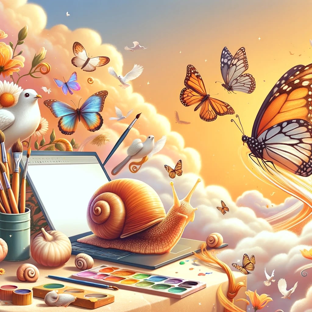 Dall&Middot;E 2024 02 23 09.35.21 Enhance The Whimsical Online Portfolio Theme Further By Adding A Couple Of Snails And Butterflies Alongside The Computer Paint Brushes And Other Cr -