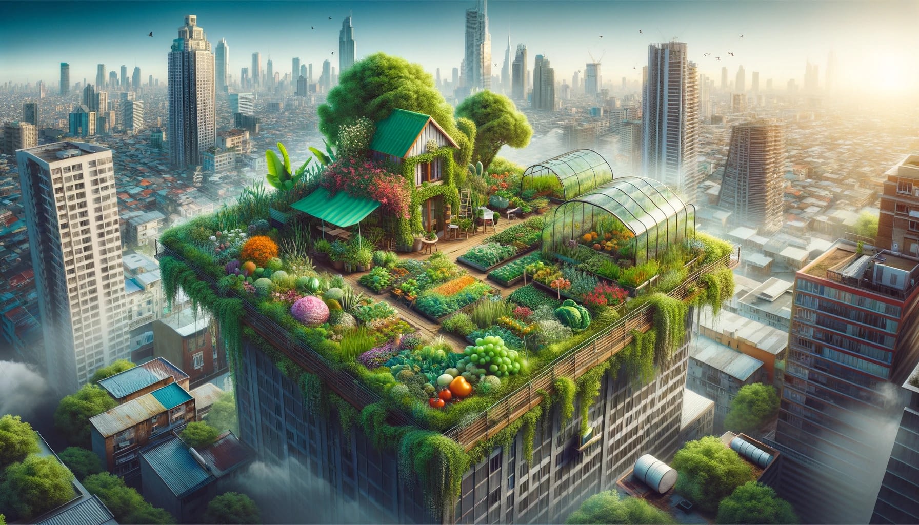 Dall&Middot;E 2024 03 01 18.42.22 A Whimsical Yet Realistic Image Of A Rooftop Garden In An Urban Setting. The Scene Depicts A Vibrant And Green Rooftop Filled With A Variety 1200 Px By 628 -