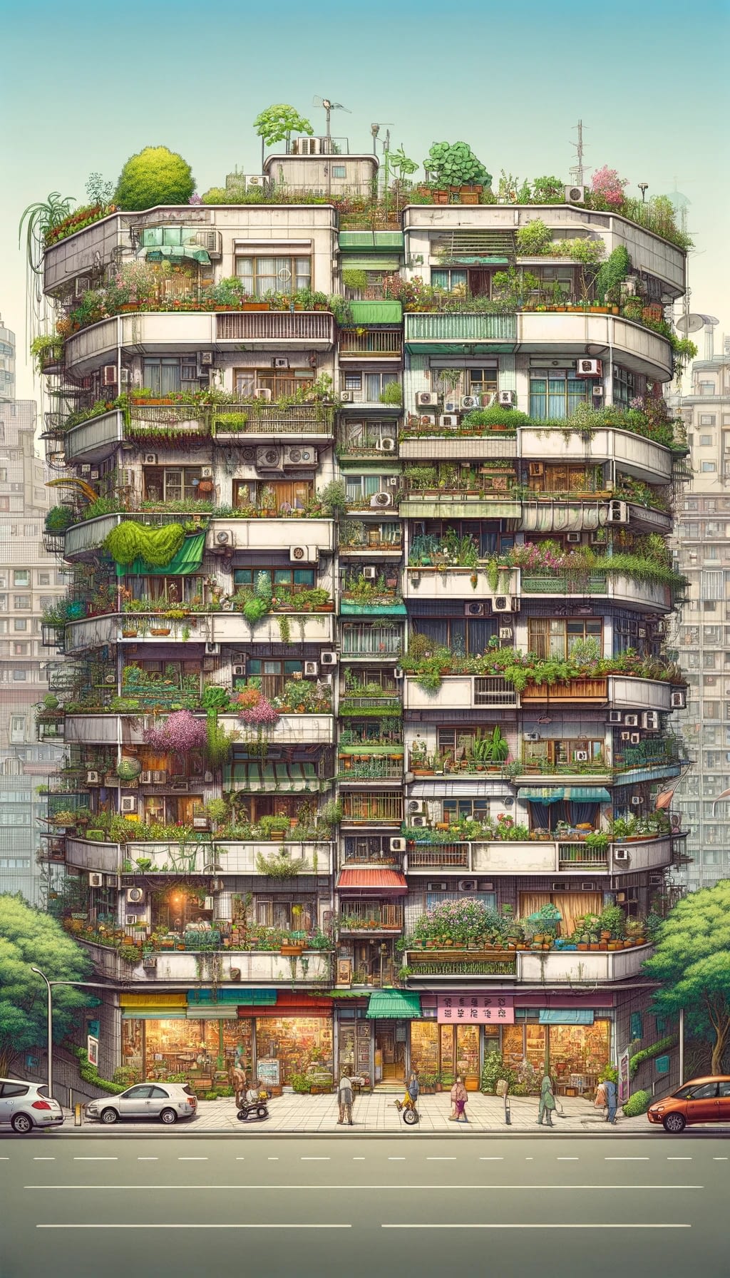 Dall&Middot;E 2024 03 01 18.40.25 A Whimsical And Detailed Depiction Of A Middle Income Apartment Building With Balcony Gardens On Each Floor Set Against The Backdrop Of A Moderately 300 Px By 600 -
