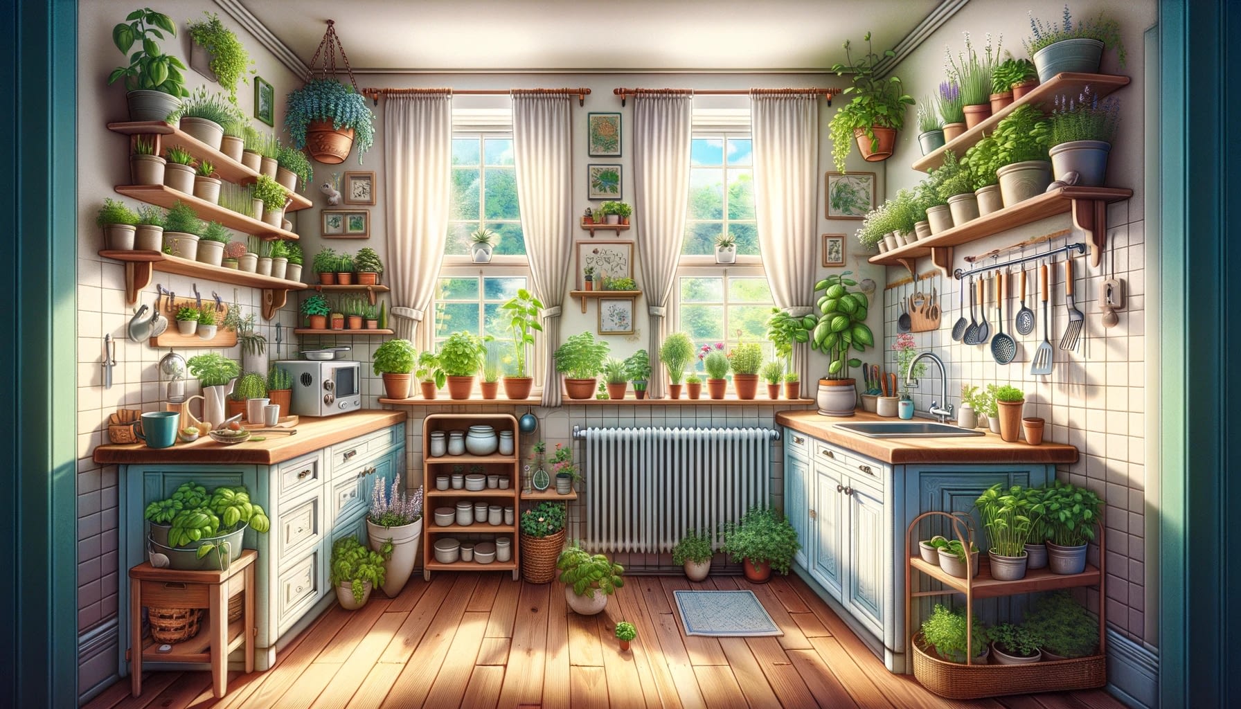 Dall&Middot;E 2024 03 01 18.41.53 A Whimsical Yet Realistic Depiction Of An Indoor Apartment Garden Focusing On Growing Herbs In The Kitchen. The Scene Illustrates A Kitchen Space 1200 Px By 628 -