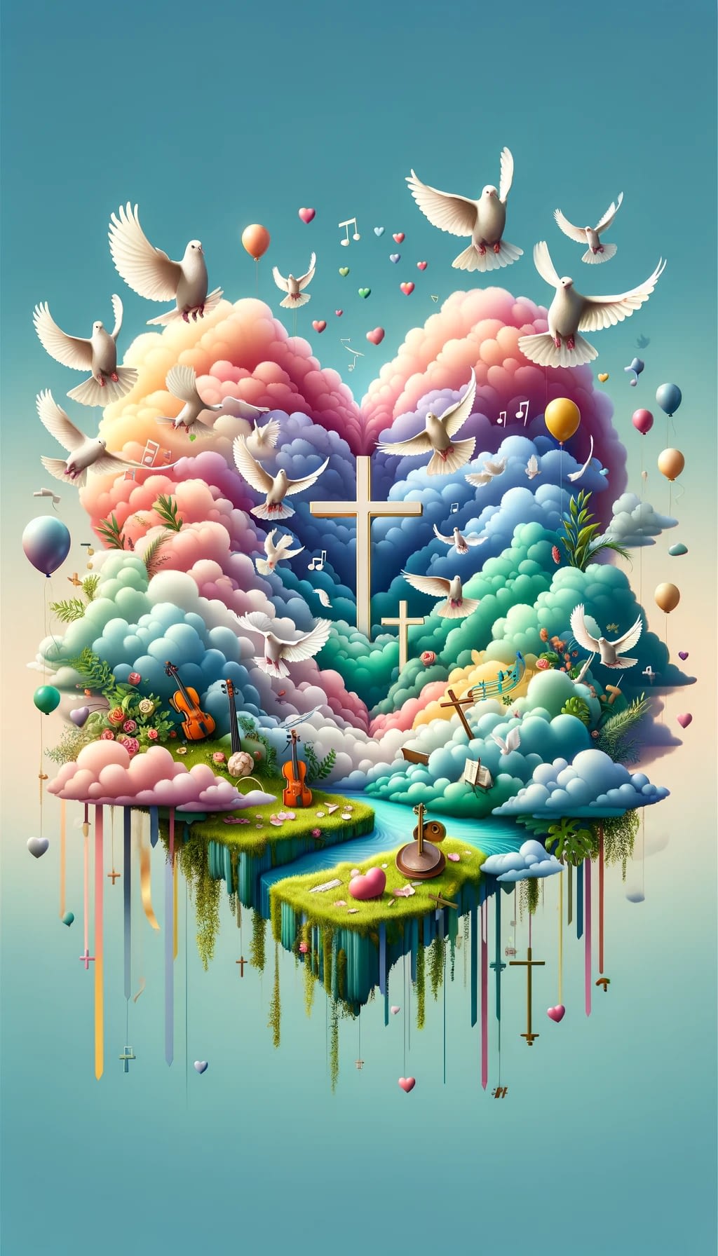 Dall&Middot;E 2024 02 23 11.09.17 Refining The Serene And Vibrant Scene This Iteration Focuses On A Harmonious Integration Of Heart Shaped Pastel Colored Clouds With Christian Crosses -