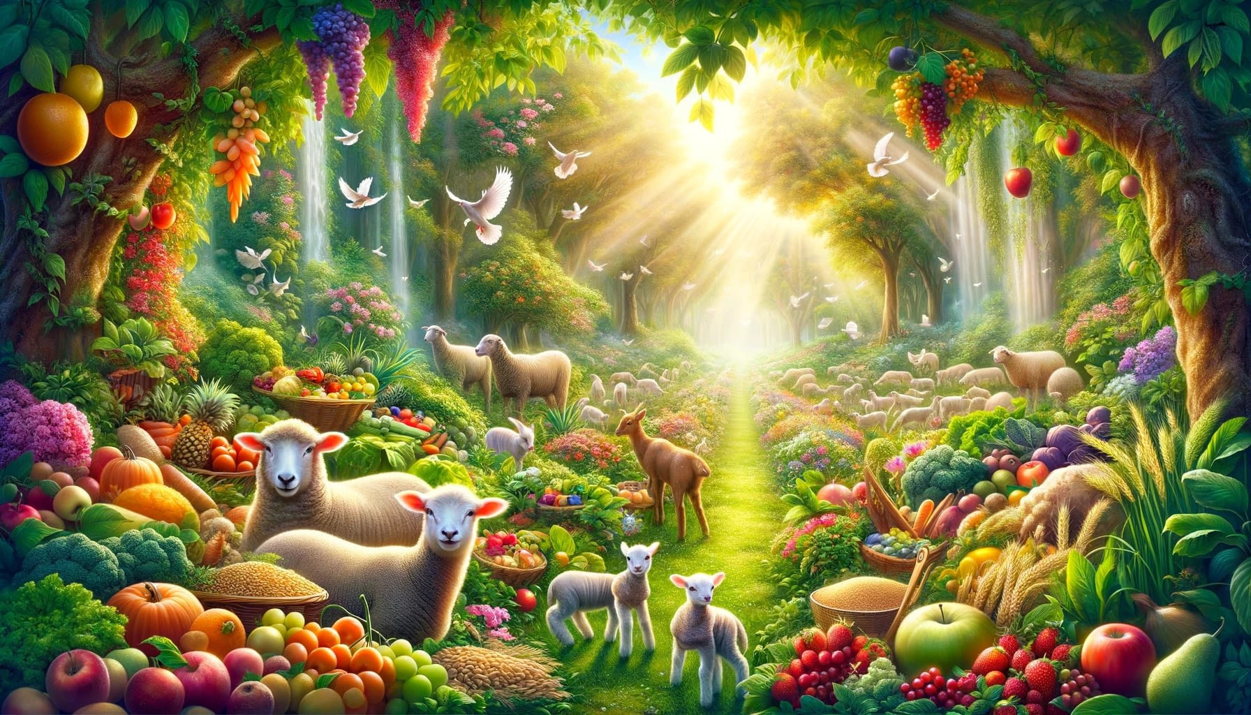 Dall&Middot;E 2024 03 01 18.50.02 A Beautiful And Serene Image That Illustrates The Theme God Provides Fresh Foods And Healthy Happy Animals Sized At 1200 Px By 628 -