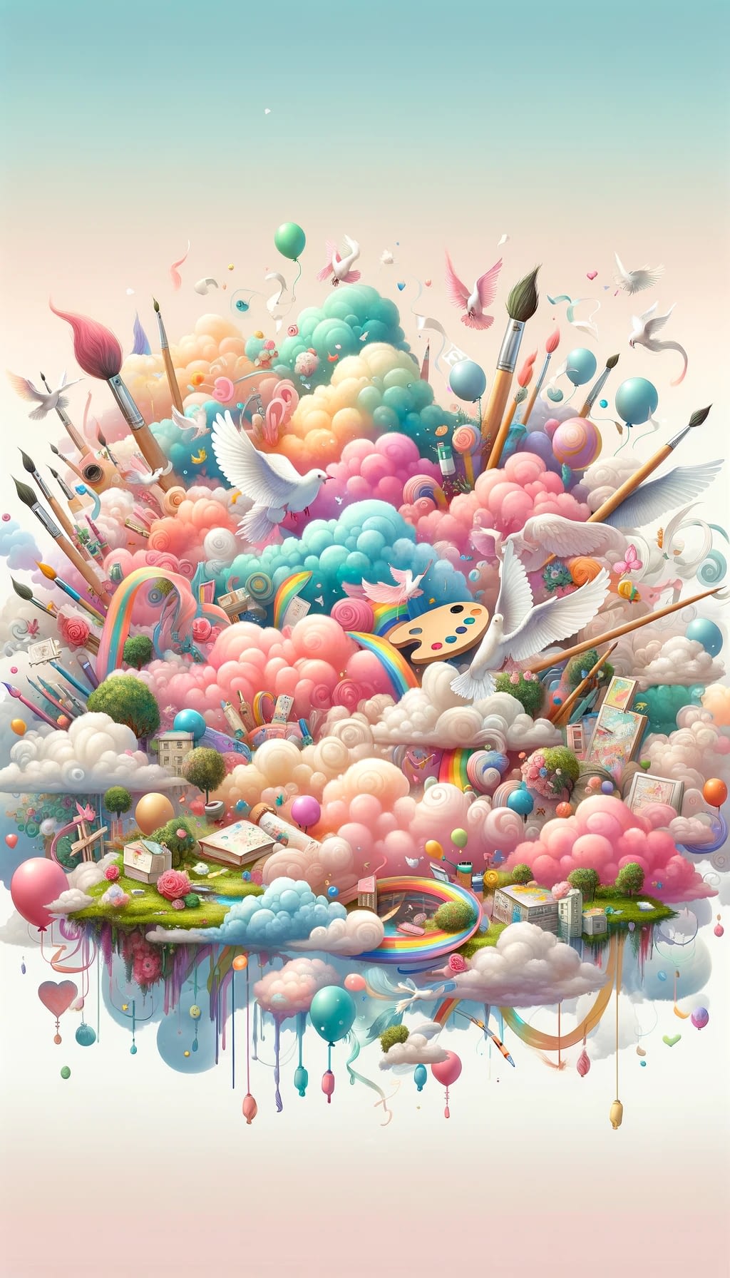 Dall&Middot;E 2024 02 23 10.37.08 A Whimsical Scene Featuring Bright Pastel Colored Clouds As The Backdrop. Scattered Throughout The Sky Are Various Art Supplies Including Paintbrushe -