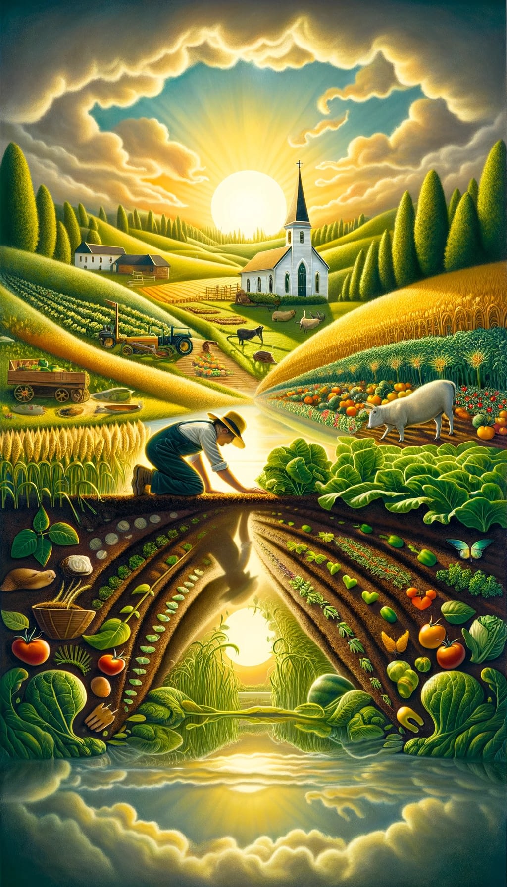 Dall&Middot;E 2024 03 01 18.01.44 A Whimsical Image That Captures The Essence Of Reflecting On Food Faith And Stewardship From A Christian Perspective On Modern Agriculture. 1000 Px By 1500 -